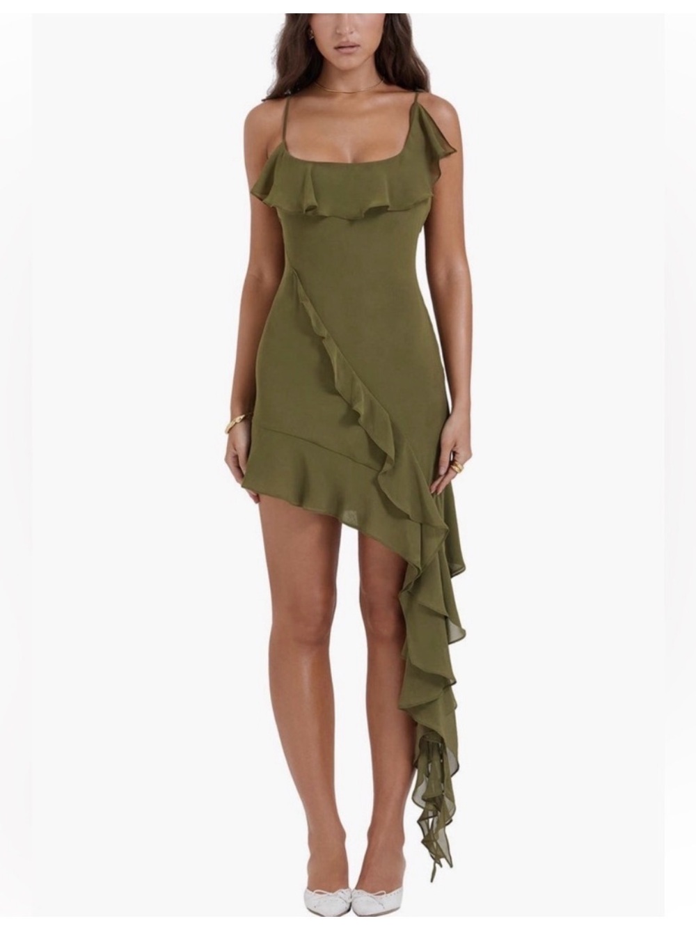 House of CB Olive Green Ruffled Asymmetric Slip Dress